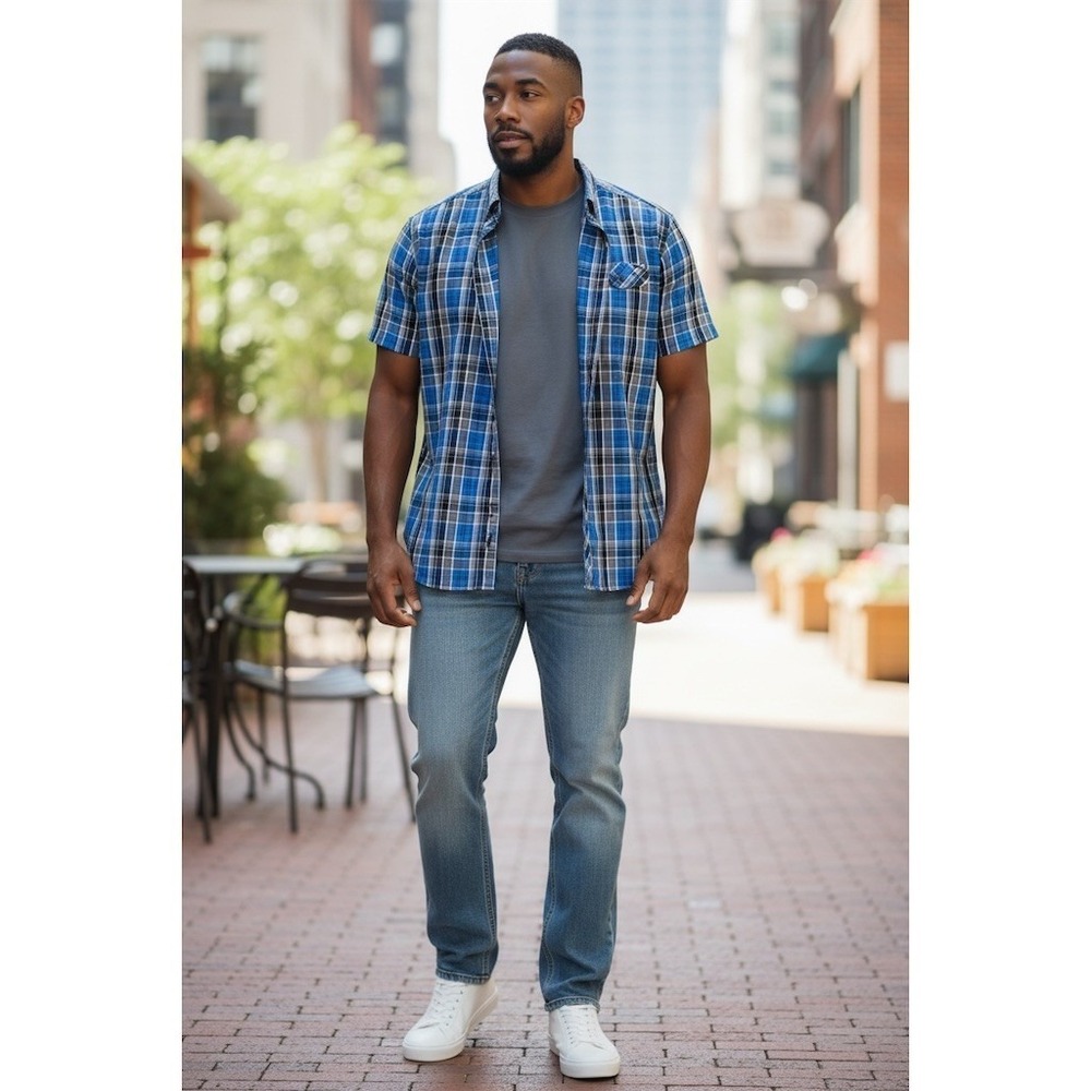 Ecko Unltd Button-Up Shirt 2XL Blue Black Plaid Short Sleeve Pocket streetwear